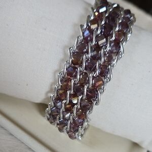 B-024-Dark Purple Faceted Crystal Beads On Chainmaille Silver Tone Bracelet